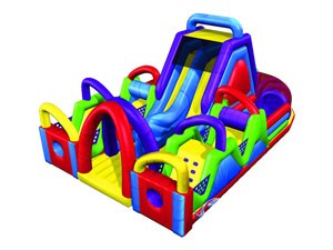 Kids and adults play inflatable obstacle course with small slide BY-OC-017